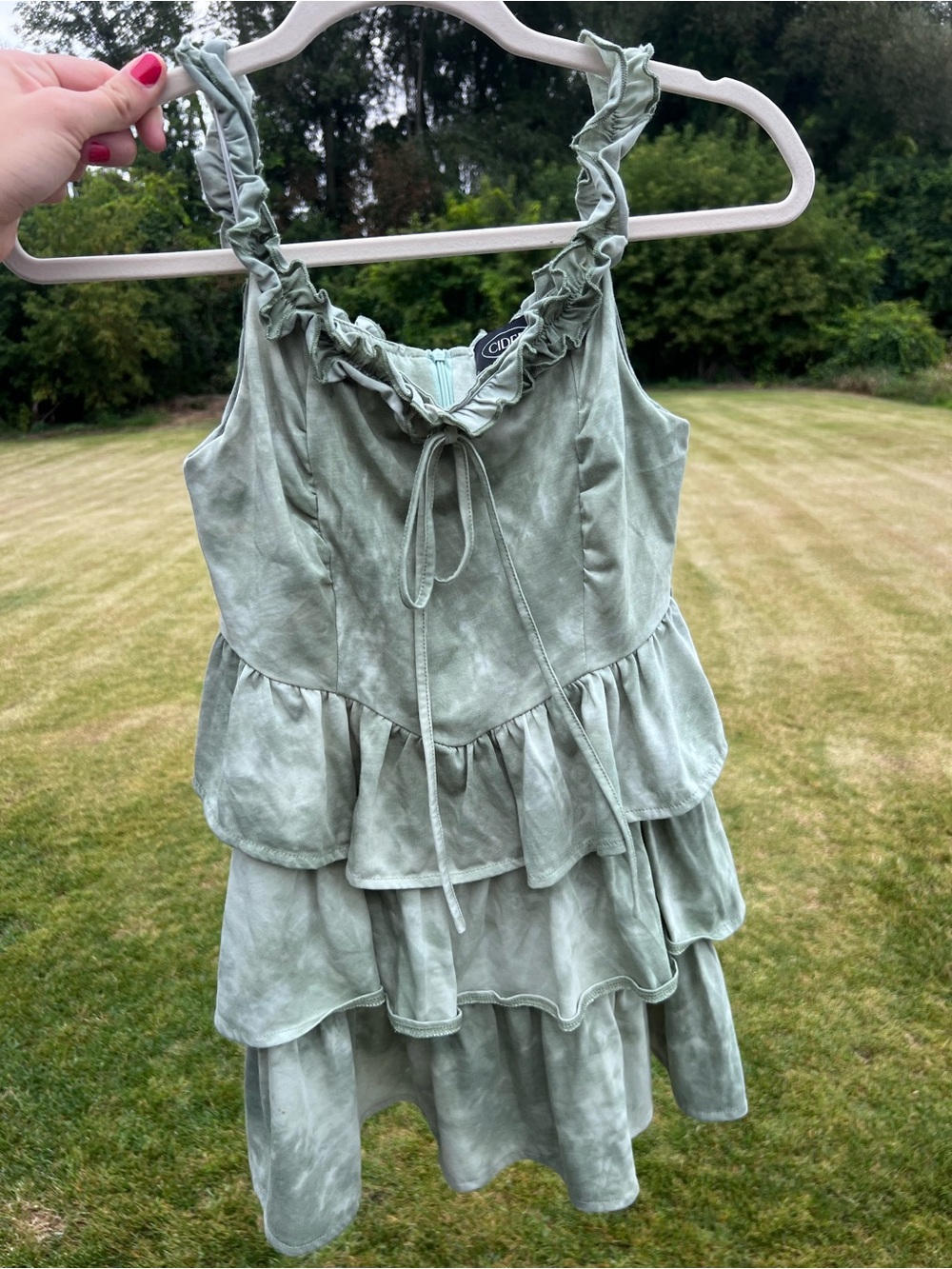 Cider Sage Green Tie Dye Tiered Ruffle Corset Mini Dress